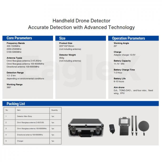 Handheld 3000 Meter FPV DJI Drone Detector 400MHz 2.4GHz 5.2G 5.8G Draagbare detectie 0